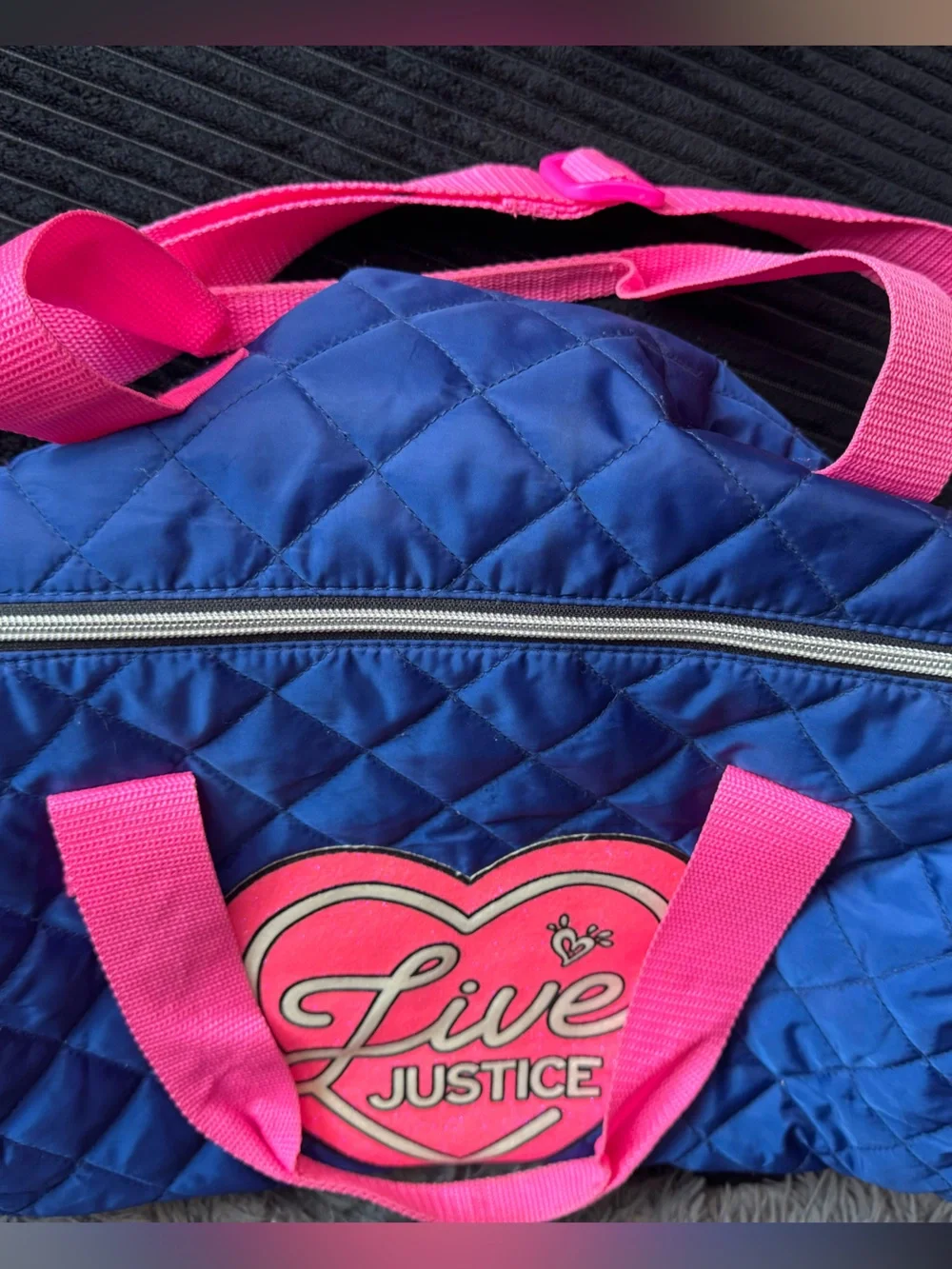 Justice Quilted Navy Duffel with Hot Pink Accents